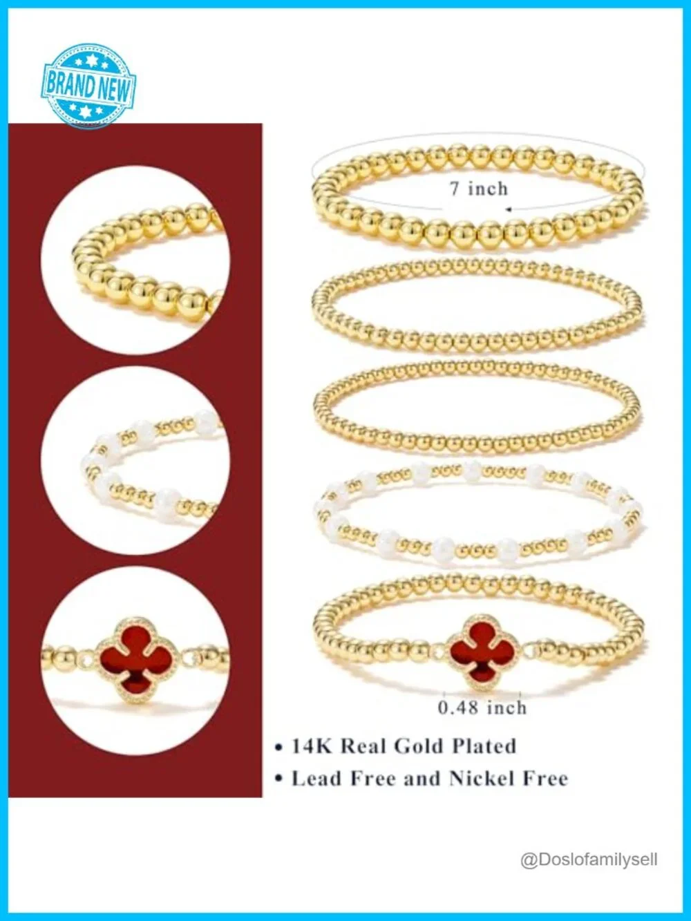 14K Gold Plated Beaded Bracelet Set, Adjustable Stretch Bracelets for Women